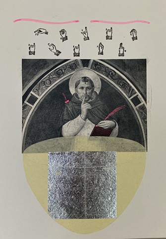 St Peter the Politician; secrets; hidden dagger; Book of laws; collage; silver paper; signing