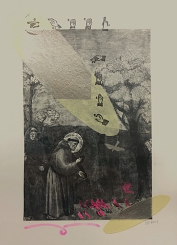 St Francis; Birds; pigeons or doves; collage; silver paper; neon doves; medieval 