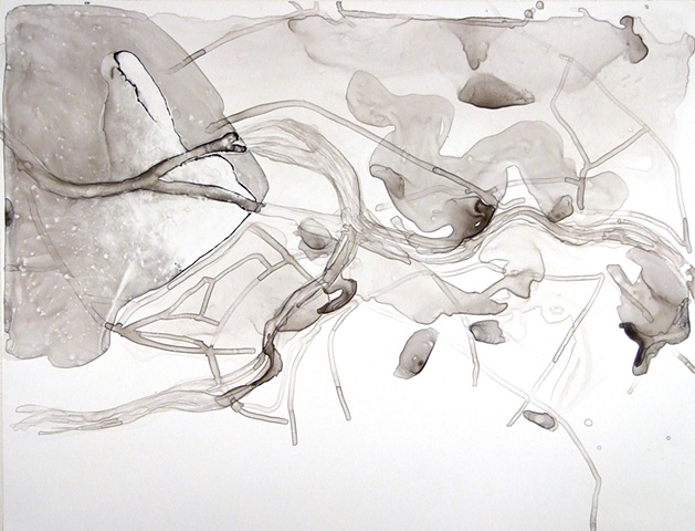 Ink wash drawing on Yupo (polypropylene drawing surface); the image is based on a map