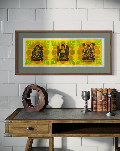 3 Buddhas, woodblocks, Tara, Shakyamuni and Chenrezig 