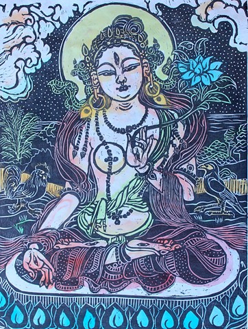 White Tara, Moku hanga, Drawing Buddhas and Bodhisattvas, Faith Stone, faithstoneart