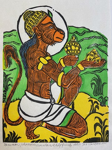 Hanuman moves mountains, Hanuman woodblock, Hanuman Mokuhanga 