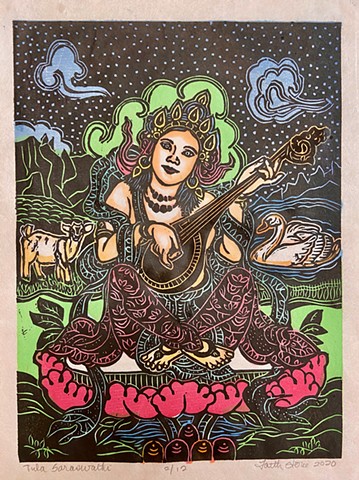 Tula Saraswathi, Everyday Goddess, Goddess of music and art, with her swan and goat, American Buddhist Art 