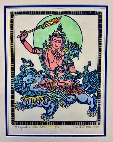 Manjushri, Buddha Woodblocks, Wisdom and Compassion, Mokuhanga woodblocks, Manjushri