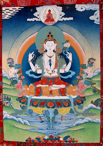 Thangka painting, Chenrezig, Faith stone art, faithstoneart, Contemporary Buddhist and Hindu art,Traditional Chenrezig in brocade