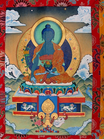 Traditional Medicine Buddha in brocade,Thangka painting, Medicine Buddha, Faith stone art, faithstoneart, Contemporary Buddhist and Hindu art