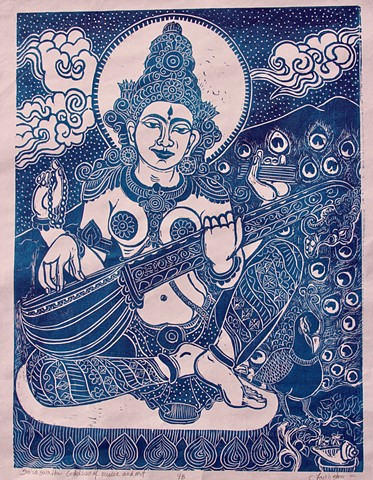 Sarawati, Goddess of Music and Art, mokuhanga woodblock, Buddha woodblocks, #FaithStoneArt 