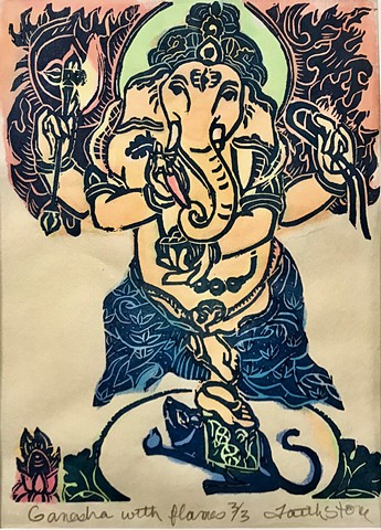 Dancing Ganesha in flames, Ganesha woodblock, Mini Ganeshas, moushika Ganesha