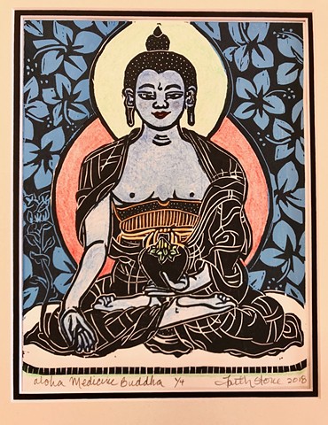 Aloha Medicine Buddha, mokuhanga woodblock Buddha, Healing Buddha