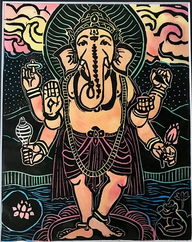 Standing Ganesha, Ganesha woodblock, mokuhanga Ganesha