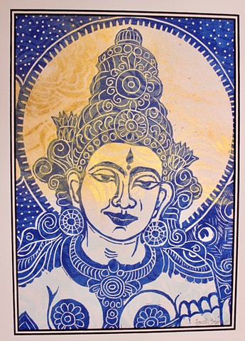 Saraswati, Goddess of Music and Art, Detail of Face with 2 woodblocks, #FaithStoneArt