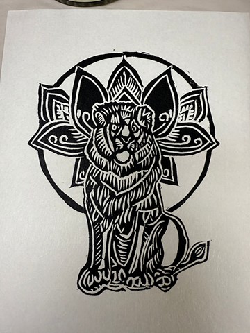 Lotus and Lion Woodblock