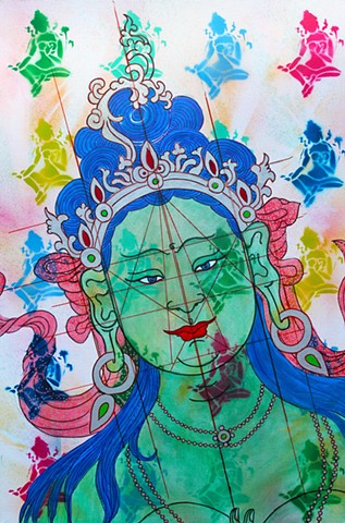 Green Tara, contemporary Hindu and Buddhist art, drawing buddhas and bodhisattvas
