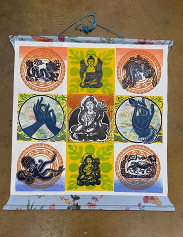 Quilted woodblocks with Buddha, dragon and octopus