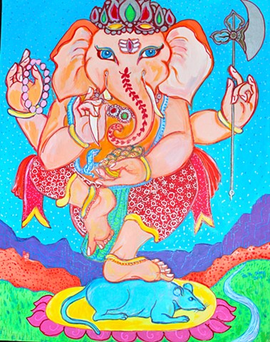 Ganesha dancing, drawing buddhas ab=nd bodhisattvas, contemporary hindu and buddhist art