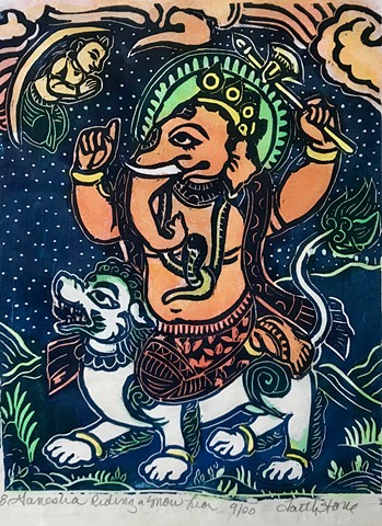 Ganesha with snow lion, Ganesha woodblock, mokuhanga Ganesha, remover of obstacles