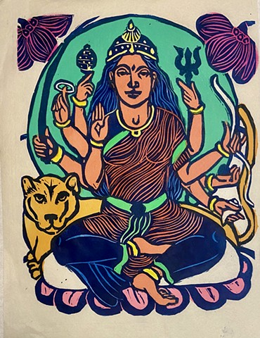 Durga, protector goddess, Durga Devi, Durga woodblock, mokuhanga woodblock