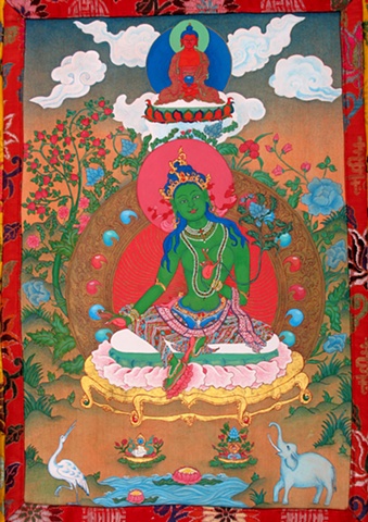 Traditional Green Tara in brocade,Thangka painting, Green Tara, Faith stone art, faithstoneart, Contemporary Buddhist and Hindu art