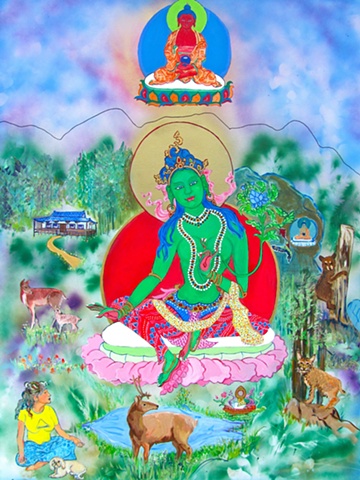 Faith Stone, Faith Stone Art, faithstoneart, Green Tara, Thangka art, contemporary Buddhist artShoshoni Retreat, Thangka painting