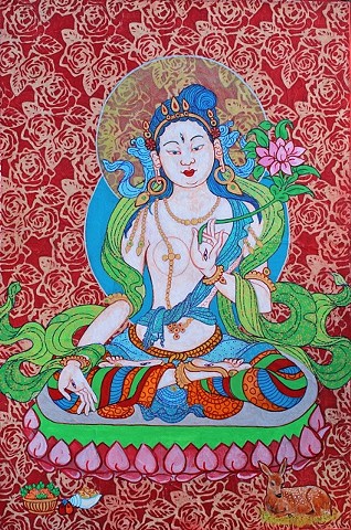 White Tara with Roses, contemporary Buddhist art, Buddhas, Buddhism, art, painting