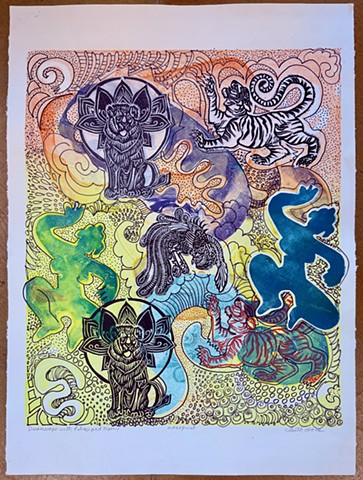 Dreamscape with Felines and Phoenix