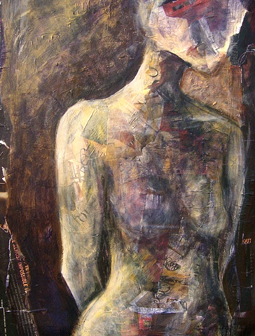 female figure with transparent acrylic glaze layers over magazine collage
