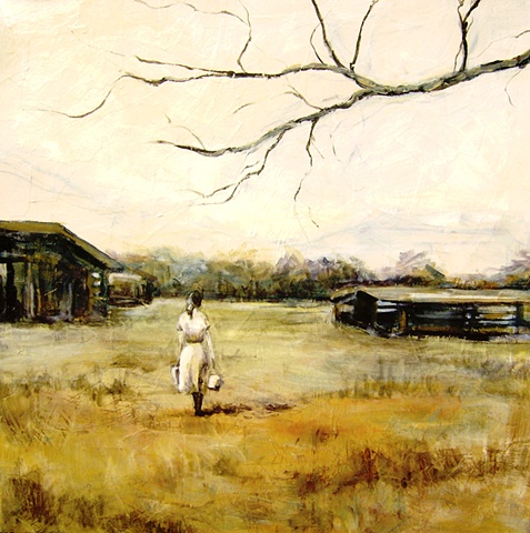 solo woman walking through field