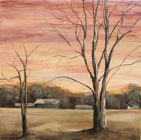 Winter pecan tree sunset branches Carrie Keene landscape painting amber sky