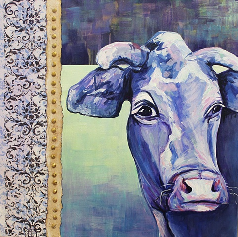 Blue and purple cow with raised eyebrow and pattern background vintage damask transfer