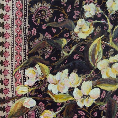 pear blossoms on patterned fabric