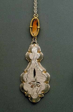 Pendant -sterling, gold, mirror, petal fragment, glass