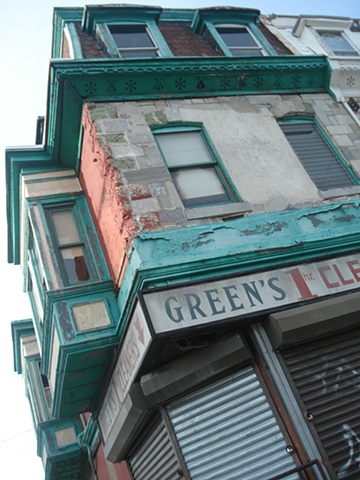 philadelphia city green trim building photograph on angle