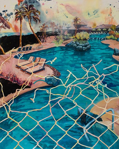 Idyllic scene of an endless pool in Hawaii broken up by a bent and tangled chain-link fance