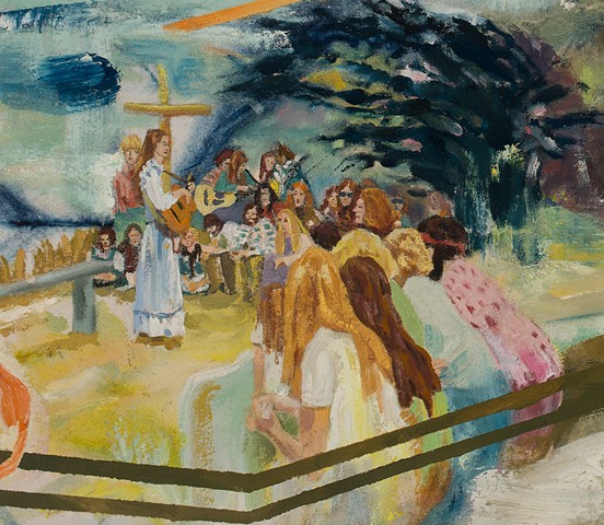 Expressionistic, colorful painting, 60's Christian cult wedding, communal buildings in back with oceanscape 