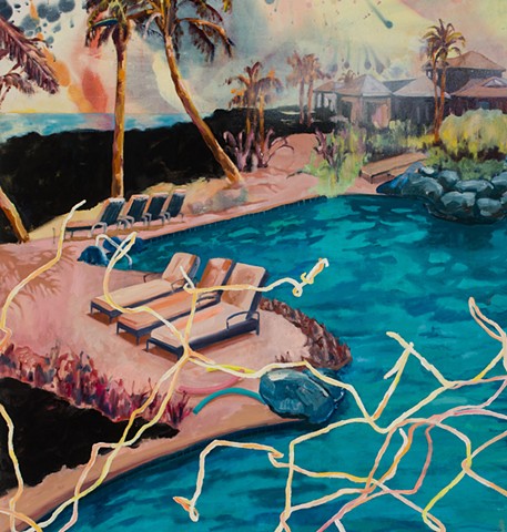 Detail shot of Idyllic scene of an endless pool in Hawaii broken up by a bent and tangled chain-link fance