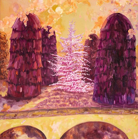 Four imposing beehive-like structures surround a lumionous glowing pinky-white fir tree 