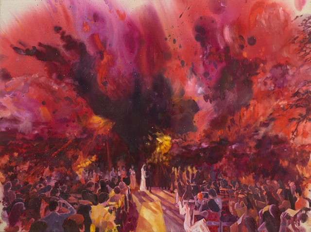 Organically spreading warm stains explosively fill the sky above a loosely painted wedding scene.