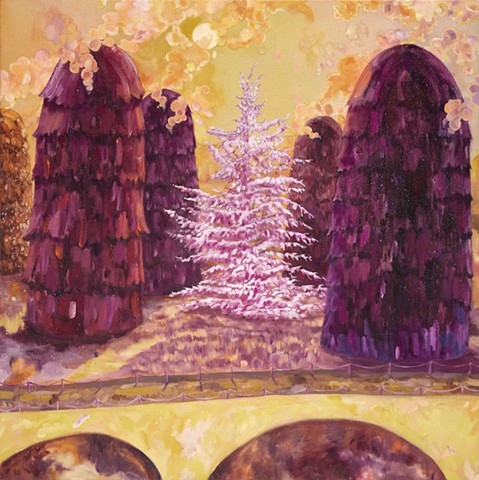 Four imposing beehive-like structures surround a lumionous glowing pinky-white fir tree 