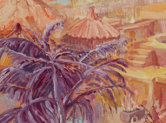 High-key expressionistically painted image in warm colors, representing a sun-bleached and idyllic private resort on ocean