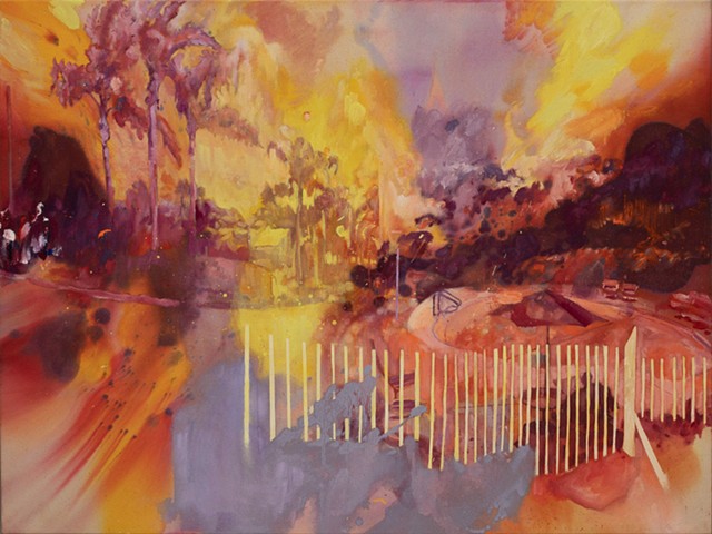 High-key painting expressionistically painted in warm colors, representing a sun-bleached and idyllic gated community with palm trees and pools.