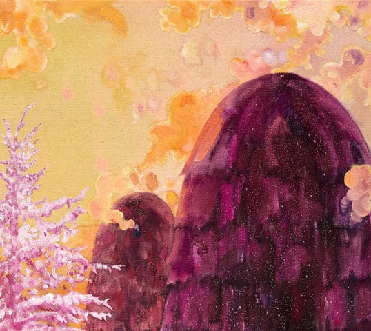 Four imposing beehive-like structures surround a lumionous glowing pinky-white fir tree 