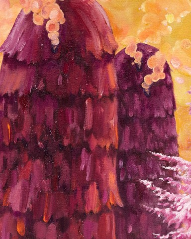 Four imposing beehive-like structures surround a lumionous glowing pinky-white fir tree 