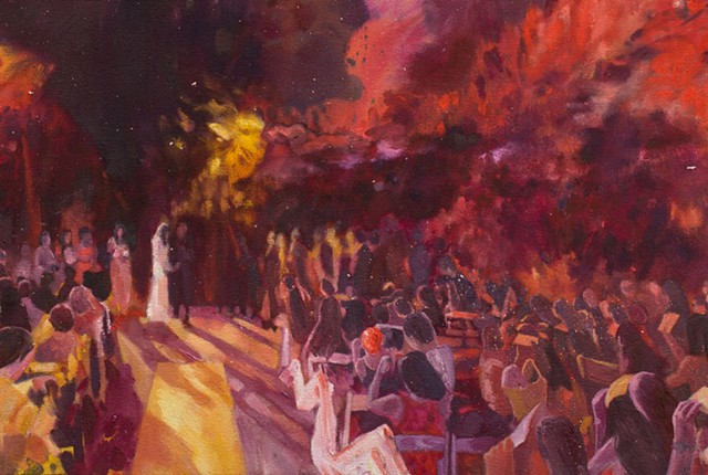 Detail of a burning hot sky above a wedding party