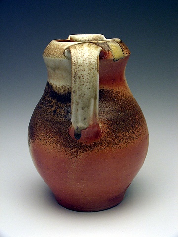 wood fired pitcher, shino copper glaze accent