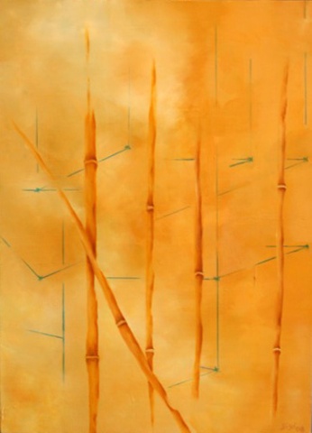 Oil on canvas, 20" x 22", abstract, bamboo, yellow, orange