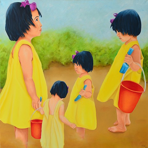 Oil on canvas, 36" x 36", portrait, Asian girl, child, beach