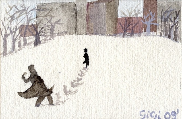 Watercolor on khadi paper, 3" x 5", snow, central park