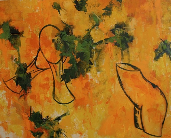 Oil on canvas, 48" x 60", abstract, Africa, woman, forest