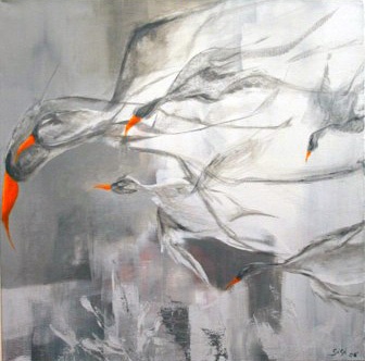 Acrylic on canvas, 30" x 30", abstract, birds, grey, orange