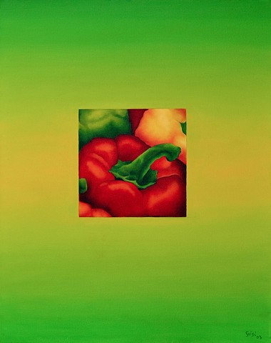 Oil on canvas, 22" x 29", abstract, green bell peppers, vegetables, green